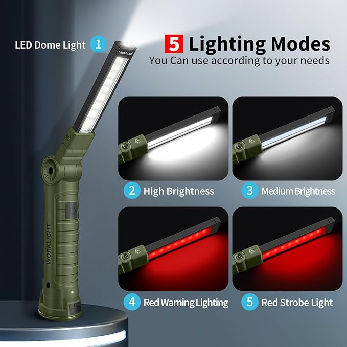 Suranew Rechargeable LED Work Light for Mechanics - Green Magnetic Base 360° Rotatable Flashlight, 5 Modes Valentine's Day Gifts for Men Him - Ideal for Car Repair, Camping & Workshop Tools