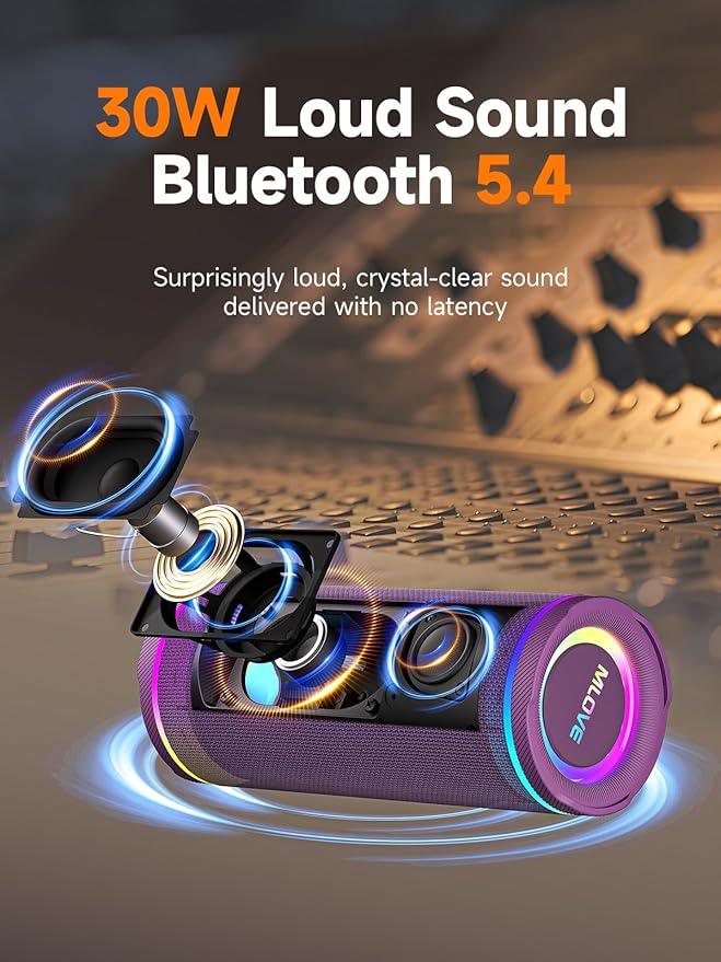 MLOVE E80 Portable Bluetooth Speaker, Bluetooth 5.4 Wireless Speakers IPX7 Waterproof with Aux Input, Micro SD Card Slot, Led Lights, Bass Boost, Dual Pairing, Mic for Outdoor Travel, Car, 30W, Purple