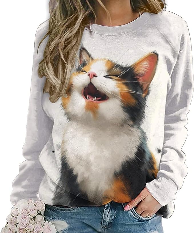 Long Sleeve Shirts for Women Cat Printed Fall Winter Dressy Holiday Casual Fashion Crewneck Tunic Tee Shirts
