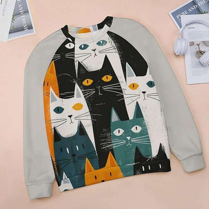 Long Sleeve Shirt Women Fall Cat Print Funny Hide Belly Vacation Plus Size Ladies Hippie Dressy Sweaters