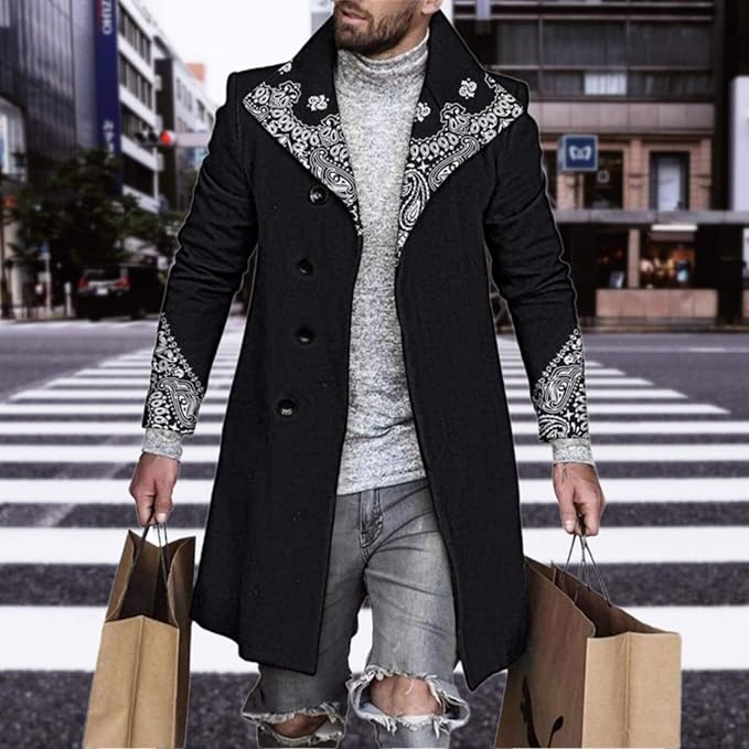 Men's Plaid Long Trench Coat Mid - Length Lapel Collar Button Down Warm Overcoat for Winter & Autumn Fashion