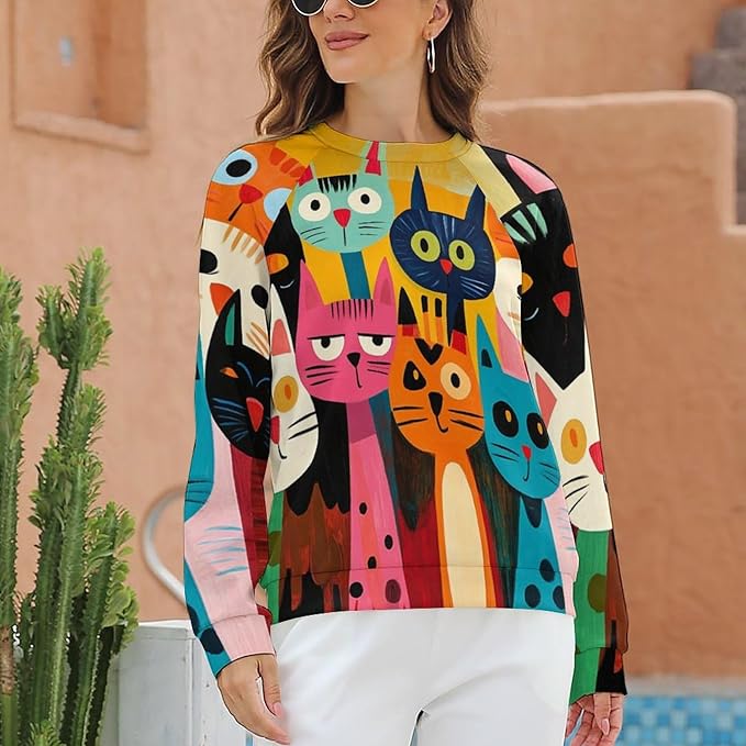 Fall Sweaters for Women 2024 Cat Print Long Sleeve Casual Crewneck Warm Fall Pullover Comfy Fashion Sweatshirts
