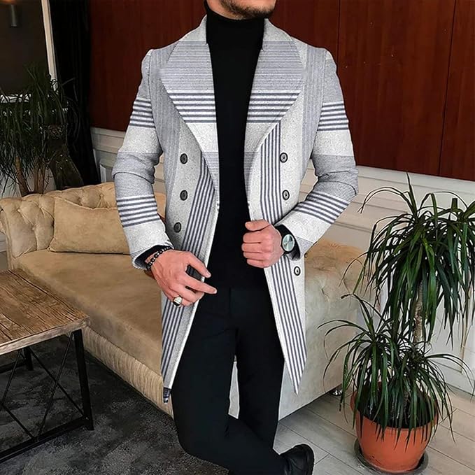 Men's Plaid Long Trench Coat Mid - Length Lapel Collar Button Down Warm Overcoat for Winter & Autumn Fashion