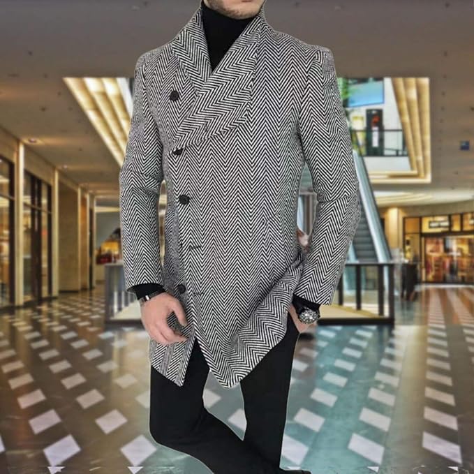 Men's Plaid Long Trench Coat Mid - Length Lapel Collar Button Down Warm Overcoat for Winter & Autumn Fashion