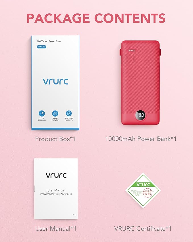Portable Charger Built-in Cables and AC Wall Plug, VRURC USB C Power Bank 10000mAh, Travel Battery Portable Phone Charger Compact Lightweight External Battery Pack for SmartPhones,Tablets-Viva Magenta