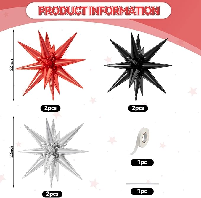6PCS Star Balloons, 22Inch Large Black Red Silver Star Balloon Explosion Foil Balloons Cone Spike Balloon for Birthday Graduation Wedding Anniversary Party Backdrops Decorations