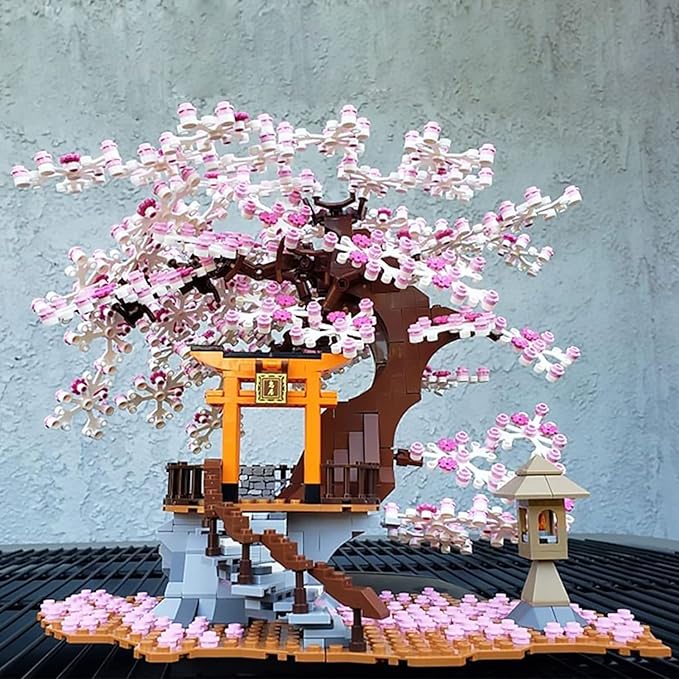 Sakura Tree House Lights Building Kit,City Architecture Inari Shrine Building Blocks Sets,for Adults,or Aged 12+ Boys Girls (1103 Pieces)
