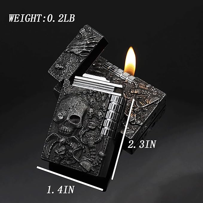 KAIEOMGN Carving Skull Antique Lighter, Vintage Cool Metal Lighters Refillable, Novelty Lighters for Men Candles Gift Ideas (No Butane Fuel). (Bright)