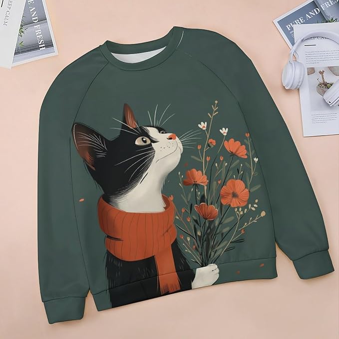 Long Sleeve Shirts for Women Cat Printed Fall Winter Dressy Holiday Casual Fashion Crewneck Tunic Tee Shirts