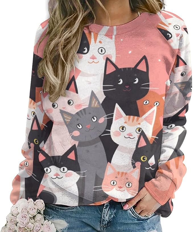 Fall Sweaters for Women 2024 Cat Print Long Sleeve Casual Crewneck Warm Fall Pullover Comfy Fashion Sweatshirts