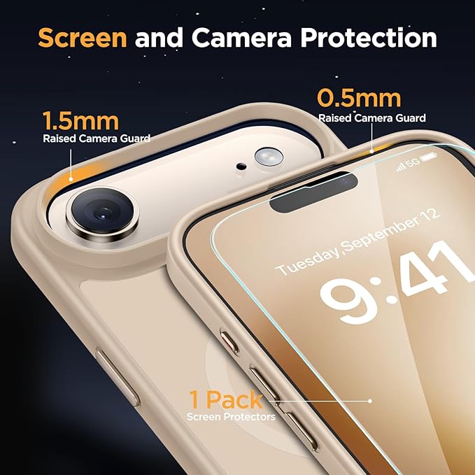 Miracase Magnetic for iPhone Air Case with Screen Protector(Compatible with MagSafe), Slim Thin Translucent Matte Military-Grade Protected Phone Cover for iPhone 17 Air 6.5", Gold