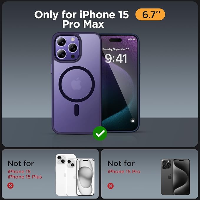 Miracase Magnetic for iPhone 15 Pro Max Case 6.7 inch (Compatible with MagSafe)（with 2X Screen Protectors）Military-Grade Protection, Anti-Fingerprint Translucent Matte Phone Cover, Dark Purple