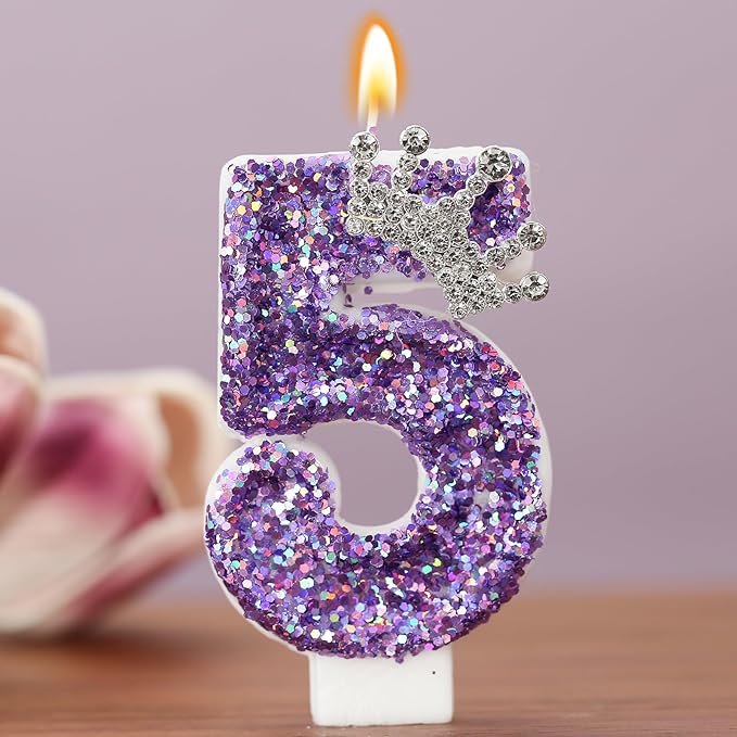 Birthday Number Candles,Purple Crown Birthday Candles for Cake,Glitter Number 5 Candle Cake Topper with Sequins for Anniversary Celebrations Supplies (Number 5)