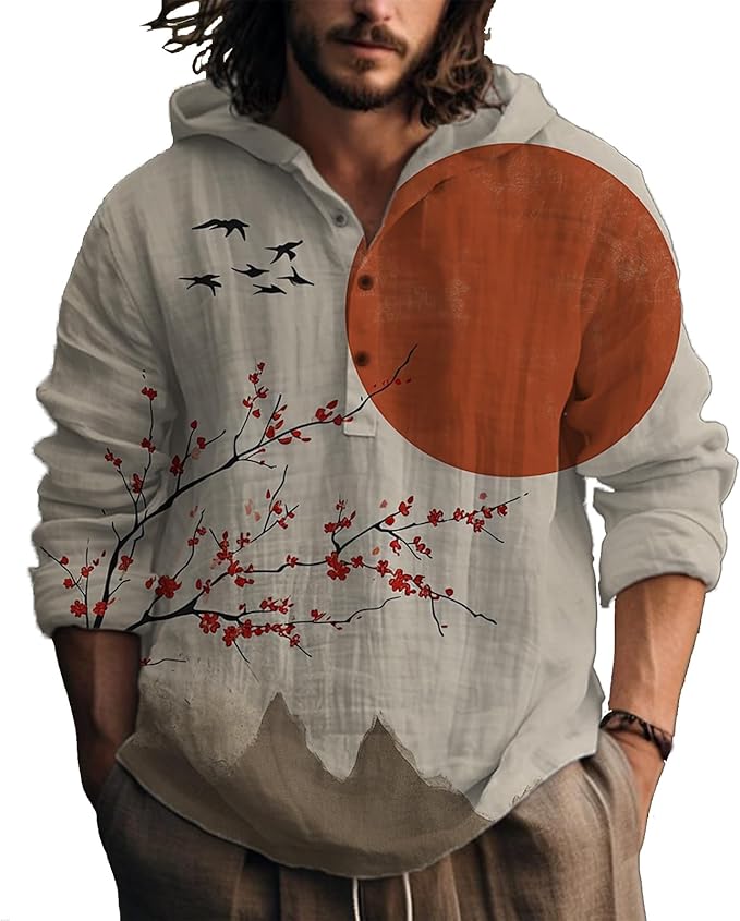 MARSVOVO Hooded Long Sleeve Shirt Men Fashion Graphic Button Up Lightweight Big and Tall Casual Vacation Shirts for Men