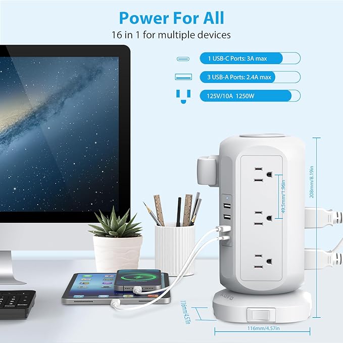 15 ft Long Extension Cord Power Strip Tower,AOFO Surge Protector 12 AC Outlets 4 USB(1 USB C) Ports, Charging Tower Overload Protection with Multiple Outlets for Home Dorm Office