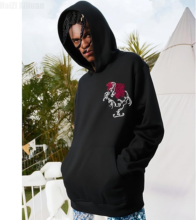 Streetwear Men's Dragon Embroidered Heavyweight Graphic Hoodies Japanese Techwear baggy Anime Hoodie