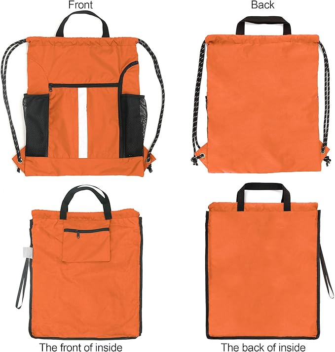 BeeGreen Orange Drawstring Backpack Bag Cinch Sack with Shoe Compartment and Two Side Mesh Pockets Lightweight Large Sturdy Drawstring Gym Sackpack For Unisex