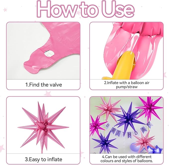 6PCS Star Balloons, 22Inch Large Purple Pink Star Balloon Explosion Foil Balloons Cone Spike Balloon for Birthday Graduation Wedding Anniversary Party Backdrops Decorations