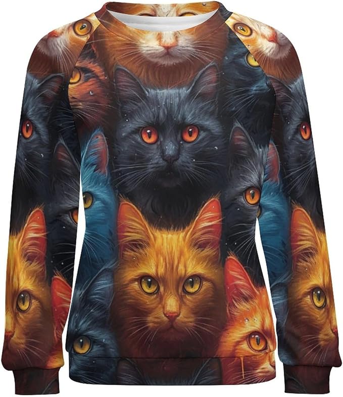 Long Sleeve Shirt Women Fall Cat Print Funny Hide Belly Vacation Plus Size Ladies Hippie Dressy Sweaters