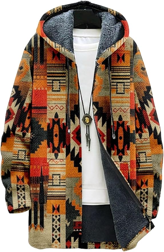 2025 Men's Ethnic Pattern Hooded Jacket Long Cardigan Hoodies Full Zip Vintage Knitted Zipper Coat with Pocket