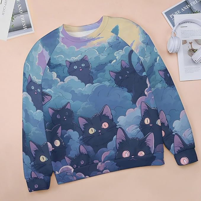 Fall Sweaters for Women 2024 Cat Print Long Sleeve Casual Crewneck Warm Fall Pullover Comfy Fashion Sweatshirts