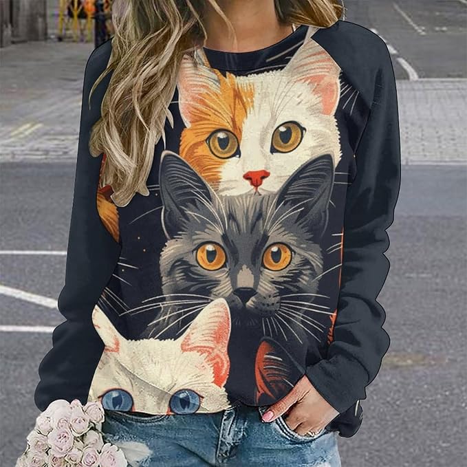 Long Sleeve Shirt Women Fall Cat Print Funny Hide Belly Vacation Plus Size Ladies Hippie Dressy Sweaters