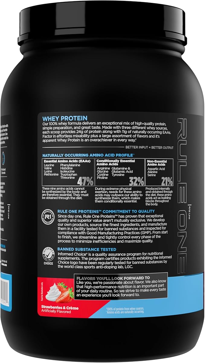 Rule 1 Whey Protein – 24g Fast-Acting Protein from All-Whey Sources with Naturally Occurring EAAs & BCAAs for Workout Recovery or Anytime Use (2 Pounds*, Strawberries & Crème)