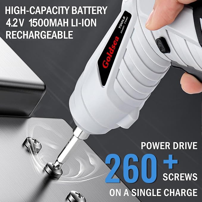 Electric Screwdriver Cordless, Goldsea 4.2V 3.5N.m 1500mAh Battery Rechargeable via Type-c, 1/4" 10pcs Magnetic Bits, Hex Chuck, 90° to 180° Adjustable Handle, LED Light for Home DIY & Repairs-Gray