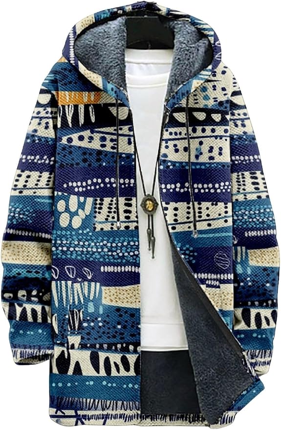 2025 Men's Ethnic Pattern Hooded Jacket Long Cardigan Hoodies Full Zip Vintage Knitted Zipper Coat with Pocket