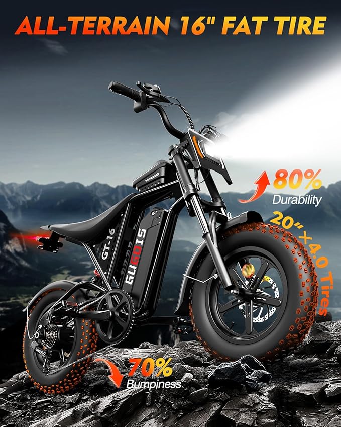 Electric Bike for Adults, 16"/20" Fat Tire Dirt EBike, Peak 1200W/1500W Motor, 48V Removable Battery, Up to 31/34MPH & 80 Miles, Dual Disc Brakes, 7-Speed Gear, Off-Road & City Commuting