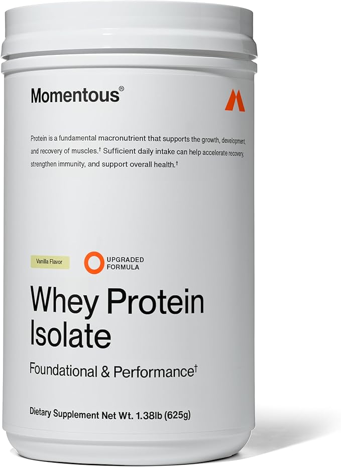 Momentous Essential Grass-Fed Whey Protein Powder - 20 g Whey Isolate Protein - NSF Certified for Sport - Gluten-Free - 25 Servings for Essential Everyday Use - Vanilla - Package May Vary