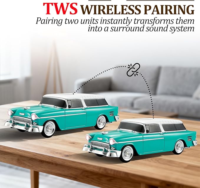 Retro car-shaped Bluetooth speaker, high-definition sound quality, TWS pairing, multiple interface outputs, truck model Bluetooth speaker, suitable for desktop decoration, parties, beach (GREEN)