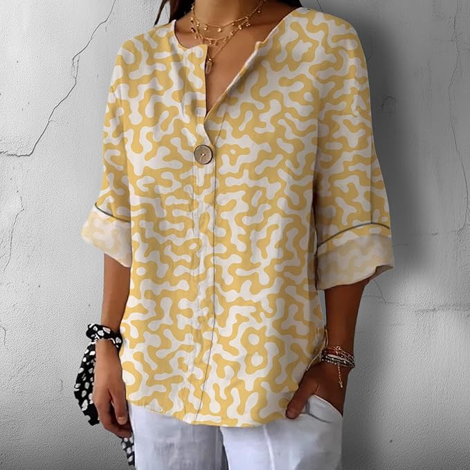 Fashion Shirts for Women Loose Fit Button Down V Neck Blouse 3/4 Sleeves Casual Tunic Tops Summer Outfits