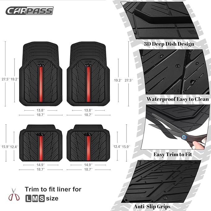 CAR PASS Metal Medium Rubber Floor Mats for Car Heavy Duty Car Mats All Weather, Universal Trim to Fit for Truck SUV Vehicle Automotive Floor Mats, Waterproof Car Mats 4 Piece Black and Red