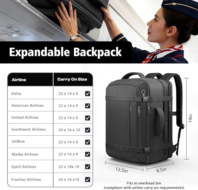 Travel Backpack,40-50L Expandable Carry On Backpack with USB Cable Port Fits 17.3 Inch Laptop Bag,Water Resistant Weekender Backpack for Men Women Business,Hiking,Daily Commuting,Black