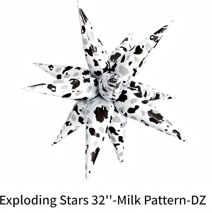 2Pcs Cow Print Star Balloons Party Decorations/32 Inch Black White Explosion Star Foil Balloons for Western, Farm, Barn, Cowgirl, Baby Shower, Birthday Party Supplies (2Pcs White cow pattern)