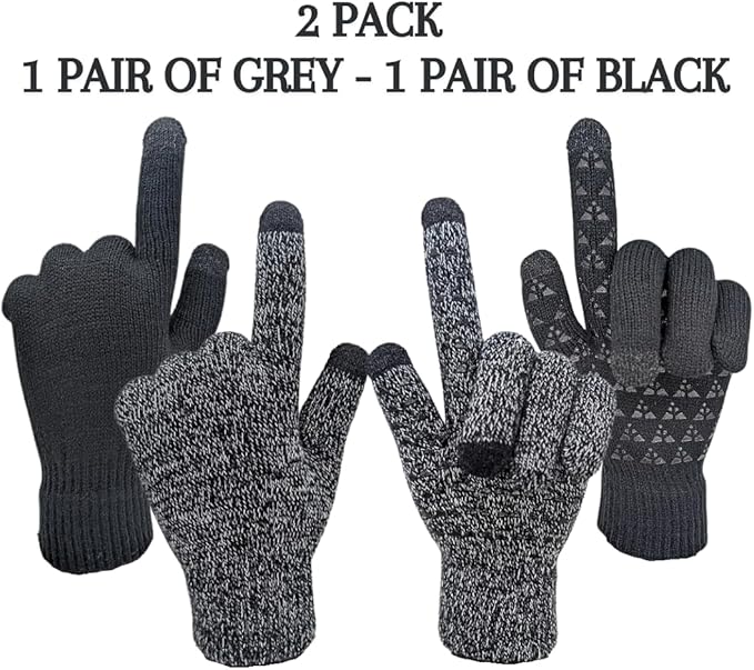 CozyTouch Winter Gloves, Touch Screen Compatible, Thermal Soft Knit Lining, 2 Pair Pack (Grey/Black)