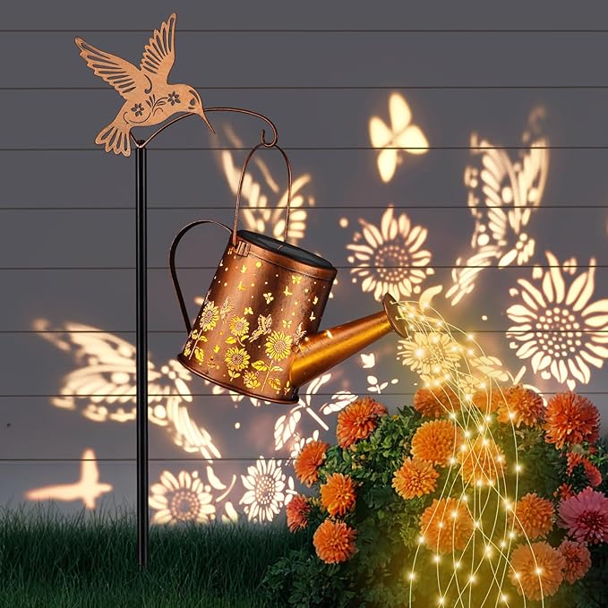 Outdoor Hanging Solar Lantern Waterproof Set Outside Metal Sunflower & Butterfly watering can Landscape Lights for Garden Yard Patio Pathway Decor Birthday Gifts for Women Mom Grandma -With Floor Pole
