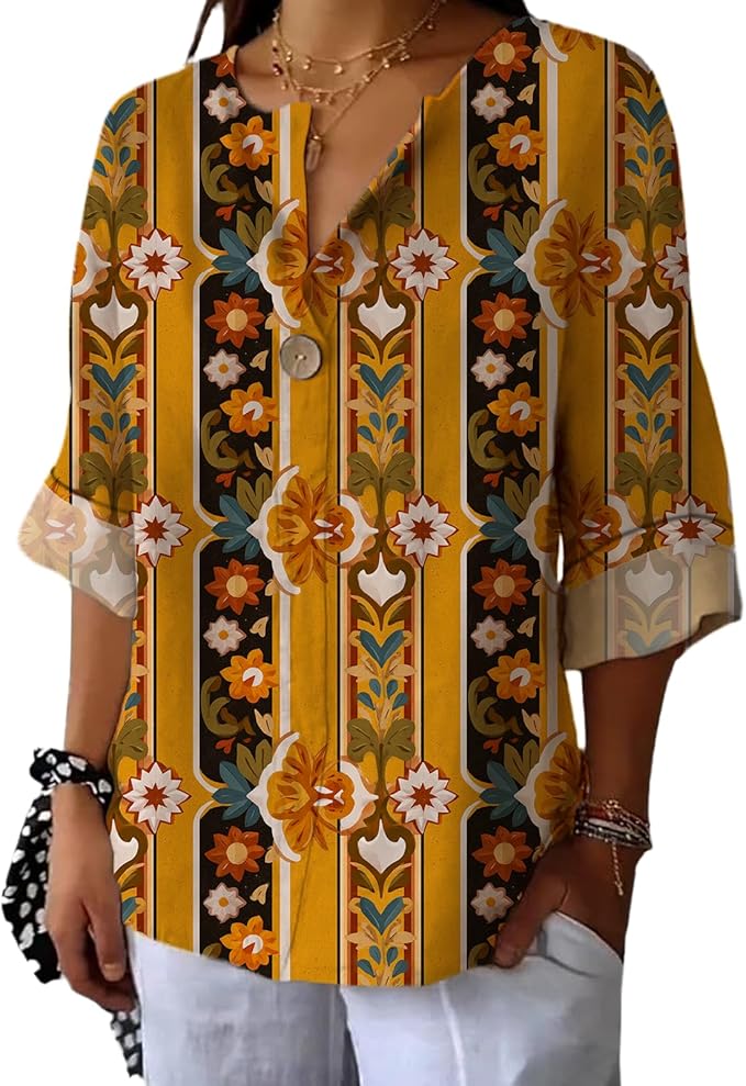 Fashion Shirts for Women Loose Fit Button Down V Neck Blouse 3/4 Sleeves Casual Tunic Tops Summer Outfits