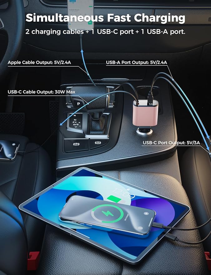 【Upgraded】 SUPERONE Retractable Car Charger 4 in 1, Fast Car Phone Charger with Cord 2.6ft, USB C Car Charger Adapter, Compatible with iPhone 17/16/15/15 Pro Max/14/13/12/11, Galaxy, Pixel