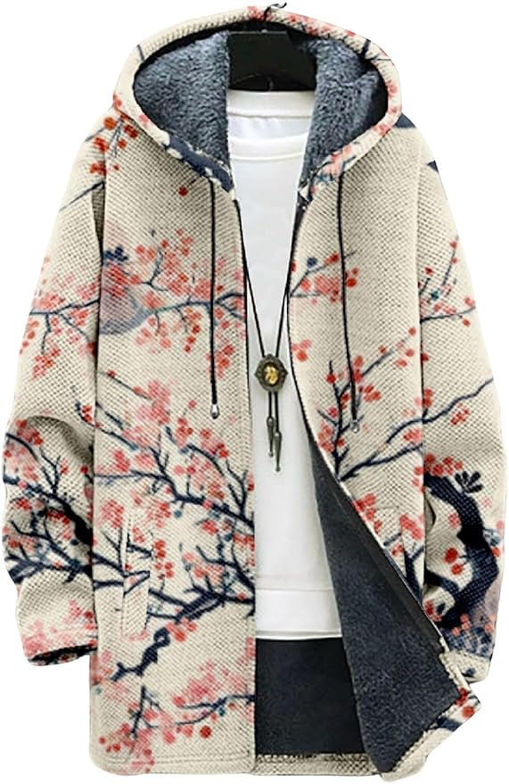 2025 Men's Ethnic Pattern Hooded Jacket Long Cardigan Hoodies Full Zip Vintage Knitted Zipper Coat with Pocket