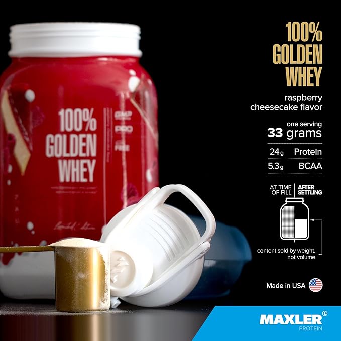 Maxler 100% Golden Whey Protein - 24g of Protein per Serving - Whey Protein Powder for Pre Post Workout - Fast-Absorbing Whey Concentrate, Isolate & Hydrolysate Blend - Raspberry Cheesecake 2 lb