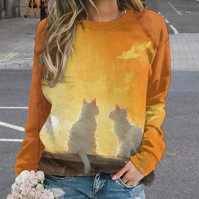 Long Sleeve Shirts for Women Cat Printed Fall Winter Dressy Holiday Casual Fashion Crewneck Tunic Tee Shirts