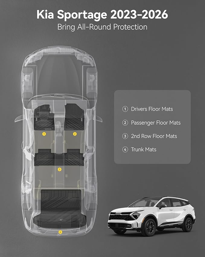 3W Floor Mats & Cargo Liner (with Subwoofer) Fit Kia Sportage (Not Fit Hybrid or PHEV) 2023-2025 TPE All Weather Custom Fit Floor Liner for Kia Sportage Full Set Car Mats, Black