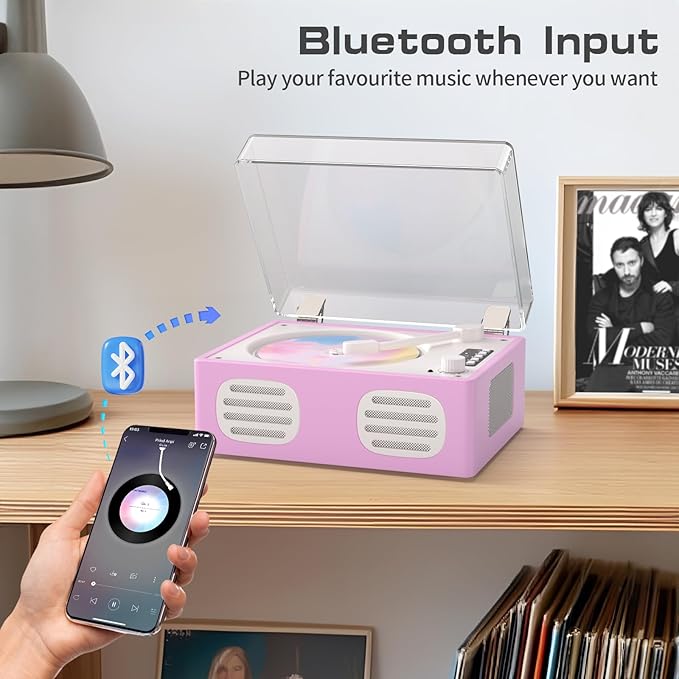 CD Player Portable Bluetooth Input/Output, Retro CD Player with Hi-Fi Speakers, Rechargeable Cute CD Players for Home with LED Display, USB Playback, AUX-in, Headphone Jack, Purple-Pink