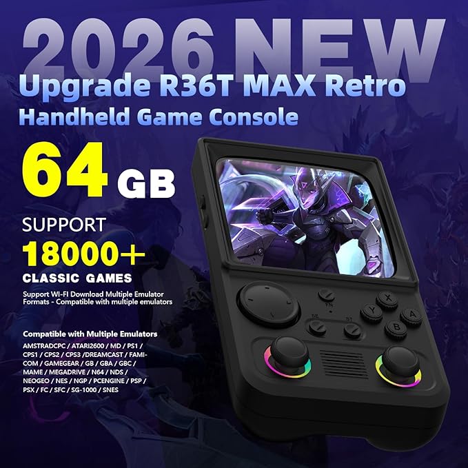 R36TMAX Retro Handheld Game Console, 4.0'' 720x720 IPS Screen, Open Source System, 64G Built-in 18000+ Classic Games, Supports WiFi Networked Fighting and OTG, 4000mAh, with Portable Case (Red 64GB)