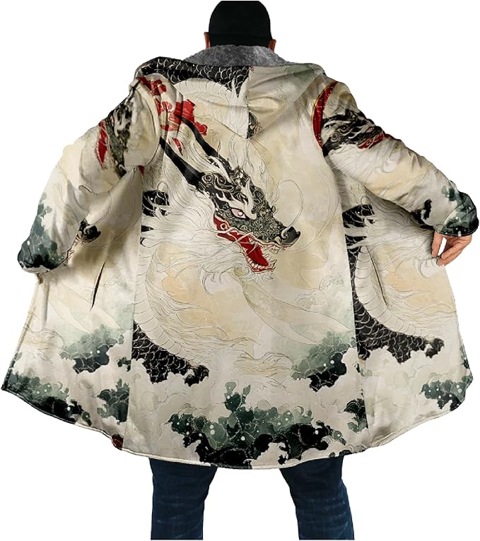 Mens Hooded Cardigan Japanese Art Zip Up Long Sleeve Sweater Hoodie Dragon Print Coat with Pockets