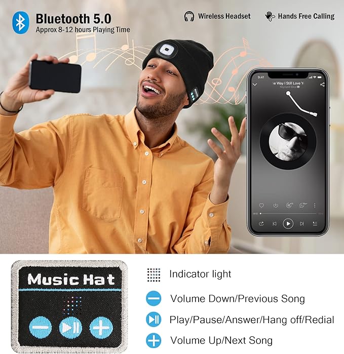 CENSGO Bluetooth Beanie with The Light, Unique Tech Gifts for Men Husband Him Teen, Wireless Headphones for Fishing Jogging Working, Christmas Stocking Pink Tie Dye