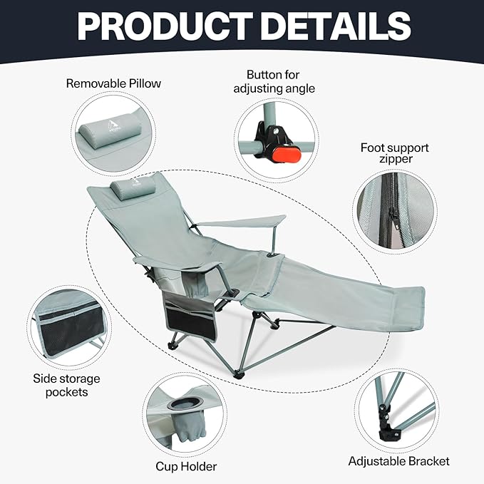 2-in-1 Reclining Camping Chair, Portable Folding Beach Lounge Chair with Footrest & Adjustable Backrest, Comfortable Lawn Chair for Adults Heavy Duty with Cup Holder for Outdoor Poolside Sports