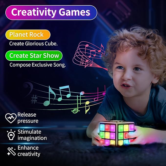Rechargeable Game Cube - 15-in-1 Fun Brain Memory & Speed Games for Kids - Christmas Easter Birthday Gifts for Boys Girls Ages 6-12+ Years Old - Toys for Kids Teens with Score Screen (Black)